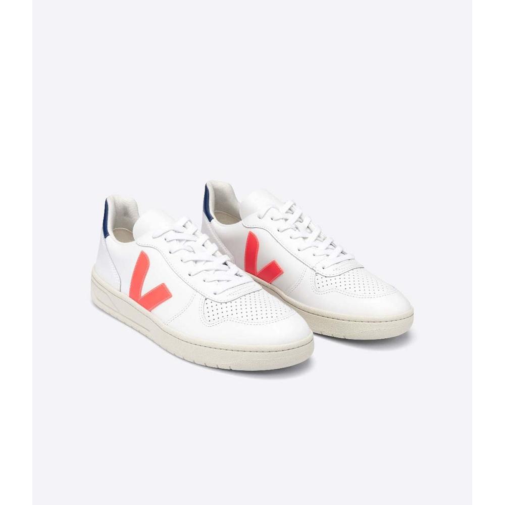 Veja V-10 LEATHER Sneakers Dames White/Orange/Blue | BE 646JPQ